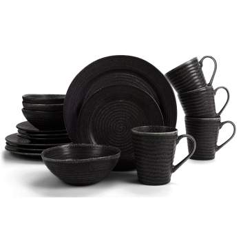 Elanze Designs Chic Ribbed Modern Thrown Pottery Look Ceramic Stoneware Kitchen Dinnerware 16 Piece Set - Service for 4, Black With White