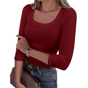 Women's Square Neck T-Shirts 3/4 Sleeve Slim Fit Tops Casual Tops - 1 of 4