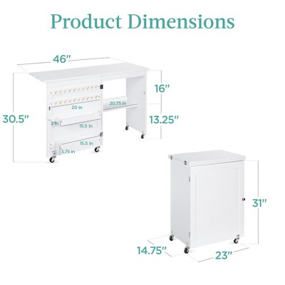 Compact White Sewing & Craft Table with Storage and Wheels
