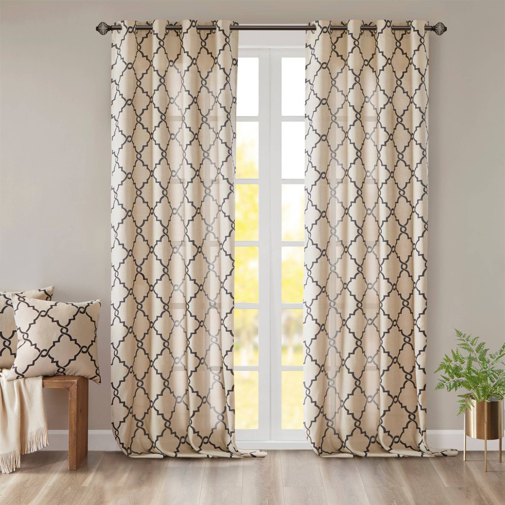 Photos - Curtains & Drapes 1pc 50"x95" Light Filtering Sereno Fretwork Print Curtain Panel Khaki - Ma