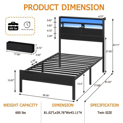 Furnulem Bed Frames with Charging Station and LED Lights, Wood Headboard with 2 Fabric Drawers and Storage Shelves, Noise-Free, Metal Support