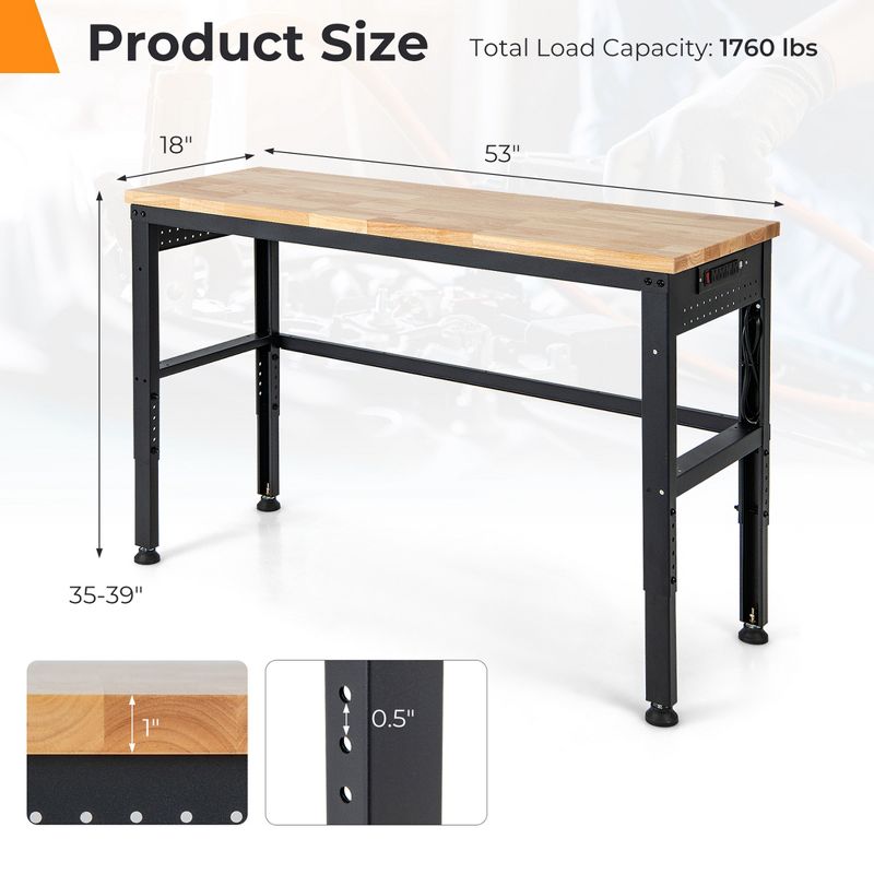 Costway 53" Adjustable Height Workbench 1760lbs Capacity Workstation w/ Power Outlets, 3 of 11