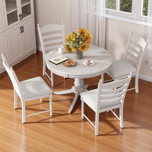 5-Piece Retro Dining Table Set with Extendable Table and 4 Upholstered Chairs for Dining Room or Kitchen, Solid Wood, Farmhouse Style - 1 of 4