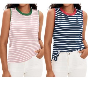 ATHLECHIC Women's Striped Color Block Side Slits Crew Neck Casual Sleeveless Shirts 2 Packs - 1 of 4