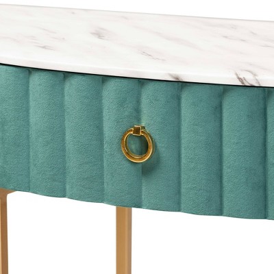 Luxurious Green Velvet and Gold 40" Console Table with Faux Marble Top