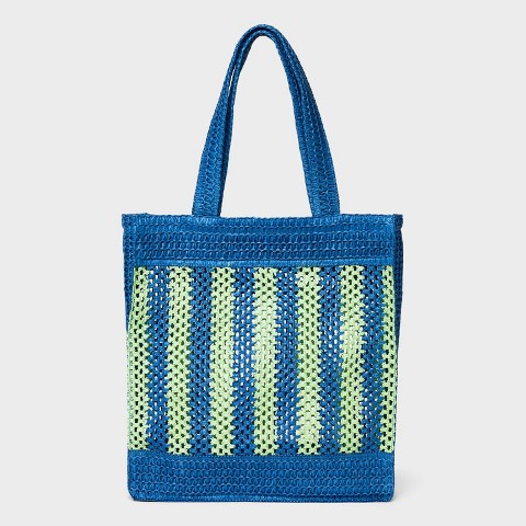Universal Thread Crochet Tote Handbag - Universal Thread™ Blue/Green Striped Straw: Paper Shell, Double Handle, Unstructured