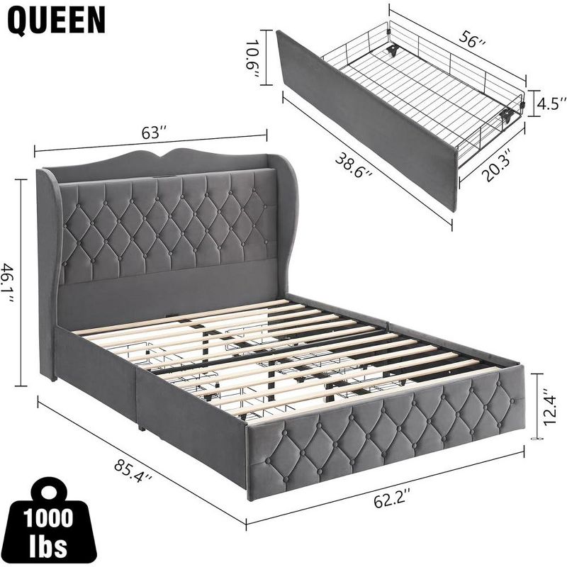 Full Queen Bed Frame with 4 Storage Drawers, Upholstered Platform Bed with Storage Headboard and Charging Station, Velvet Tufted & Wingback, Grey, 2 of 10
