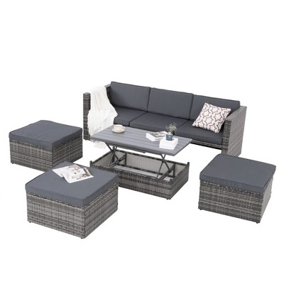 Maggift 5PCS Patio Seating Rattan Furniture Set Sectional Sofa Cushioned Garden, Tempered Glass Table, Gray, 82.5"*27.5"*26.7"