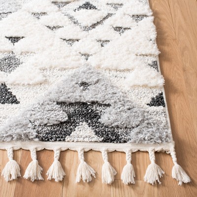 Ivory and Gray Diamond Shag Rug with Braided Tassels