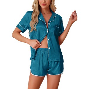 cheibear Women's Satin Silky Short Sleeve Button Down Loungewear Shorts Pajamas Set 2 Pcs - 1 of 4
