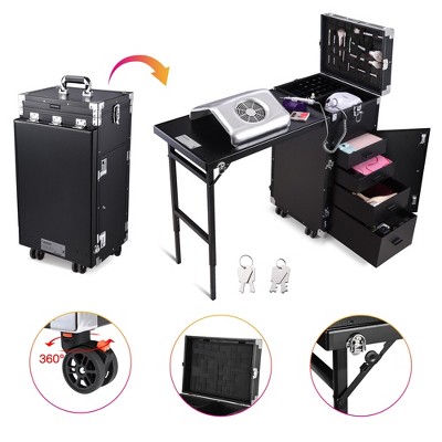 Black Aluminum Rolling Makeup Train Case with Expandable Table