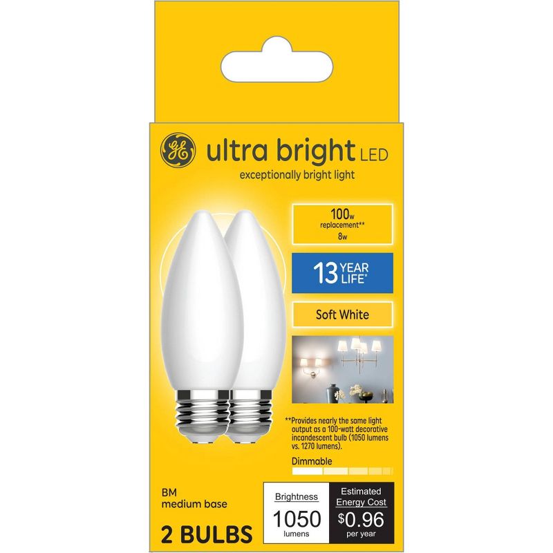 GE 2pk 8 Watts Soft White Medium Base Ultra Bright LED Decorative Light Bulbs, 5 of 8