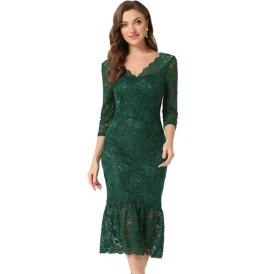 Allegra K Women's Elegant V Neck 3/4 Sleeve Lace Mermaid Bodycon Dress
