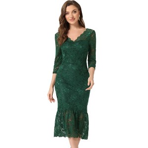 Allegra K Women's Elegant V Neck 3/4 Sleeve Lace Mermaid Bodycon Dress - 1 of 4