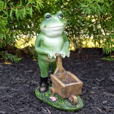 Green Frog Pushing Wooden Wheelbarrow Garden Statue