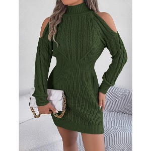 Autumn Winter Casual Off-Shoulder Half Turtleneck Cable Knit Lantern Sleeve Bodycon Sweater Dress - 1 of 4