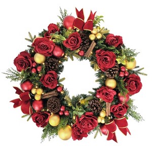 Puleo 26" Pre-Lit Artificial Rose and Pinecone Christmas Wreath - 1 of 4
