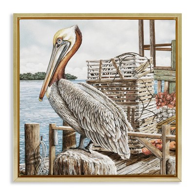 Stupell Industries Pelican Perched on Fishing Dock Black Framed Floater Canvas Wall Art