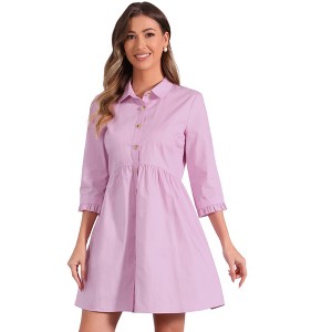 INSPIRE CHIC Women's 3/4 Sleeve Button Front Solid Color Flare Mini Shirt Dress - 1 of 4