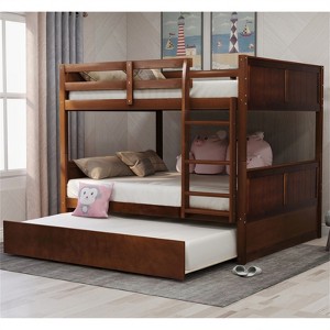 RISOKEYS Full Over Full Bunk Bed - Wooden Frame with Twin Trundle, Ladder & Safety Guardrail, Convertible to 2 Platform Beds for Kids Teens - Walnut - 1 of 4