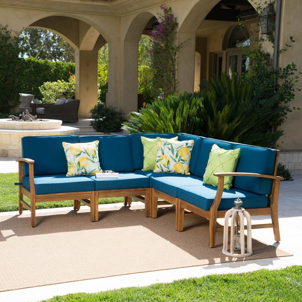 Photos - Garden Furniture Perla 5pc Patio Sectional Sofa - Teak/Blue - Christopher Knight Home
