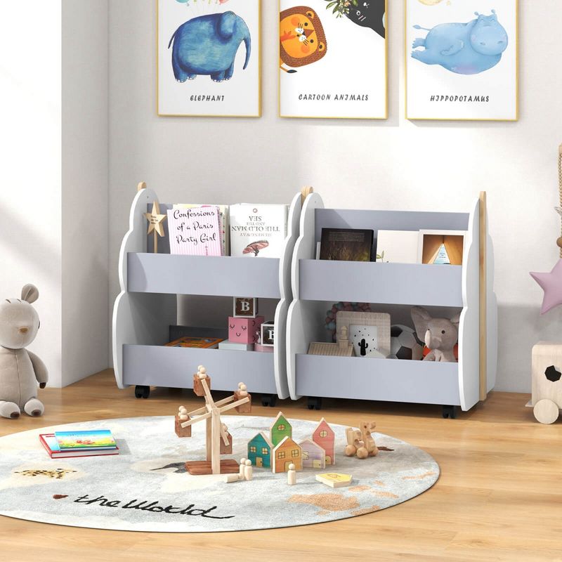 Costway Kids Wooden Bookshelf with Wheels 2-Tier Toy Storage Shelf Double-sided Bookcase Grey/Natural, 4 of 11