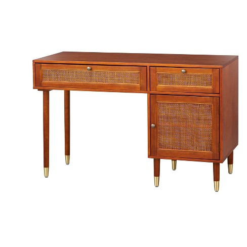 Mid Century Desk with Hutch, 48” Writing Study Desk with PE Rattan