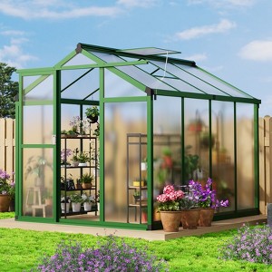Large Aluminum Walk-in Green Houses for Outdoors, Polycarbonate Greenhouse with Sliding Doors & Roof Vent, Sunroom Winter Greenhouse, Backyard Garden - 1 of 4