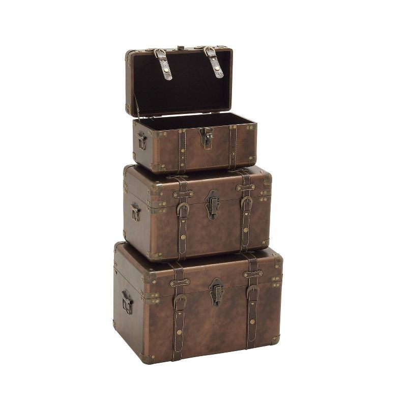 Set of 3 Traditional Faux Leather and Wood Storage Case Trunks Brown - Olivia &#38; May, 6 of 14