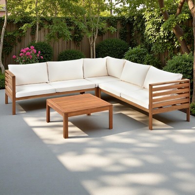 4-Pieces Outdoor Acacia Wood L-Shaped Sectional Sofa Set with Coffee Table