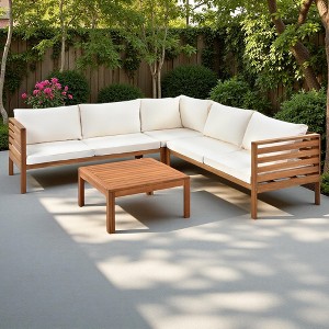 4-Pieces Outdoor Acacia Wood L-Shaped Sectional Sofa Set with Coffee Table - 1 of 4