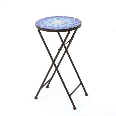 GlasFlength Folding Tables Outdoor Portable Glass Top Iron Frame Accent Table Fashion Design for Patio Garden Decor, Blue, 13"*13"*22"