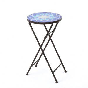 GlasFlength Folding Tables Outdoor Portable Glass Top Iron Frame Accent Table Fashion Design for Patio Garden Decor, Blue, 13"*13"*22" - 1 of 4