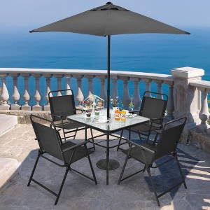 Costway 6PCS Patio Furniture Dining Set Folding Chairs Glass Table W/Umbrella Deck Grey - 1 of 4
