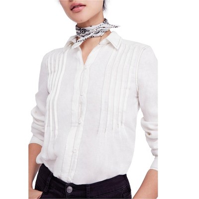 Free People Womens Pleated Button Down Blouse, Off-White, Medium