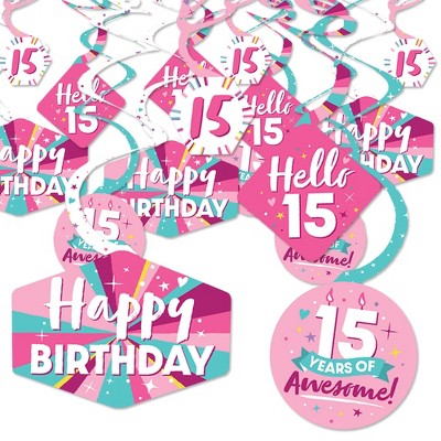 Big Dot of Happiness Girl 15th Birthday - Teen Birthday Party Hanging Decor - Party Decoration Swirls - Set of 40