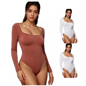 INSPIRE CHIC 3 Packs Women's Long Sleeve Bodysuit Slim Fit Square Neck Tummy Control Brief Leotard - 1 of 4
