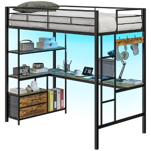 HOMCOM Twin Loft Bed with Desk, LED Lights, Charging Station, Twin Size Metal Loft Bed Frame with Storage, Guardrail, Ladder, Noise Free, Black - 1 of 4