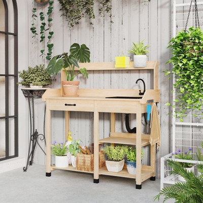 Natural Wood Potting Bench Table with Removable Sink Station
