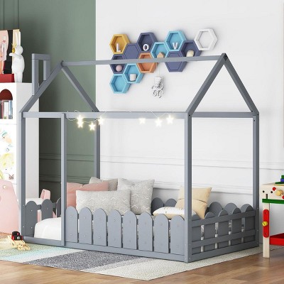 Streamdale Twin Size Wood Bed House Bed Frame With Fence, For Kids, Teens, Girl