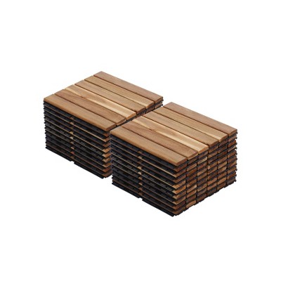 Interlocking Deck Tiles Striped Pattern, 12" x 12" Square Yellow Acacia Hardwood Outdoor Flooring for Patio