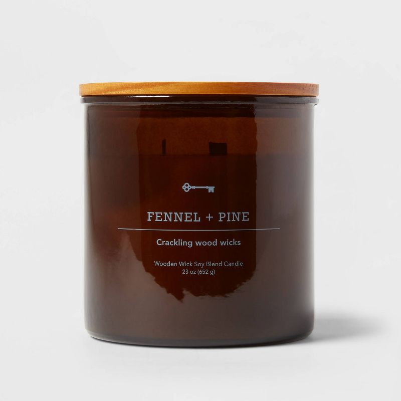 3-Wick Amber Glass Fennel + Pine Lidded Wooden Wick Jar Candle 23oz - Threshold&#8482;, 1 of 5