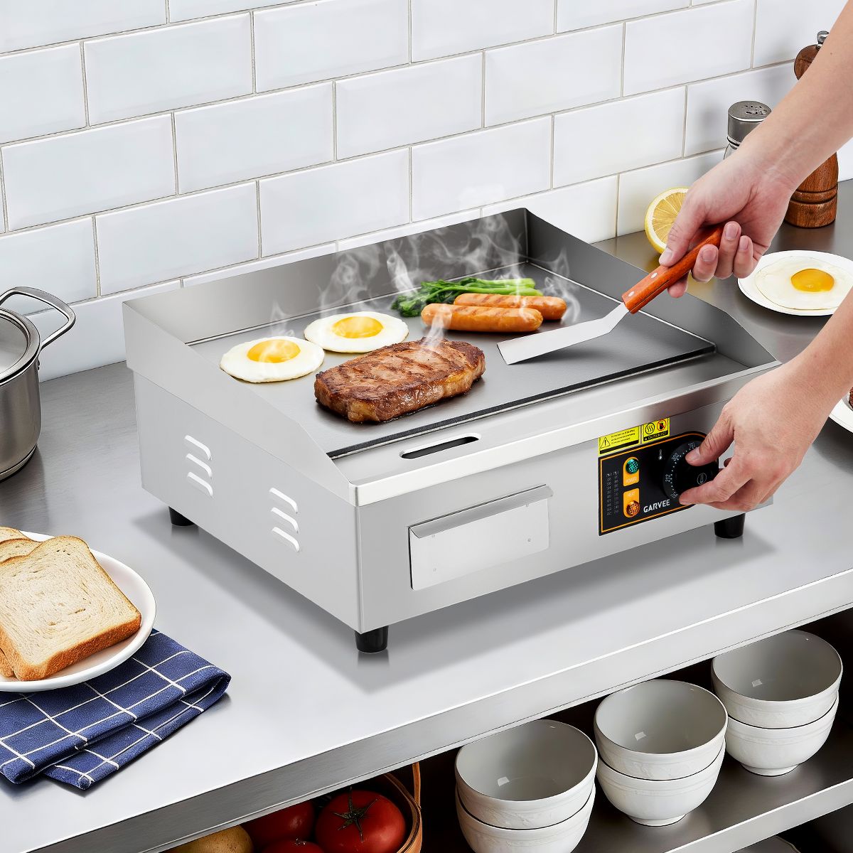 Electric Griddle, 1700W Countertop Flat Top Grill, Stainless Steel, 122°F-572°F Adjustable Temp, Includes 2 Shovels & 2 Brushes - thumbnail 5