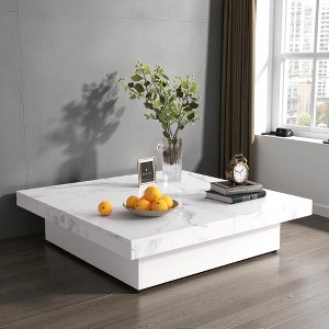 Mshliw Square Marble Veneer Coffee Table with Sliding Top and Hidden Storage, Dining Table, Sofa Table, MDF Pedestal Base, 39.4'' - 1 of 4