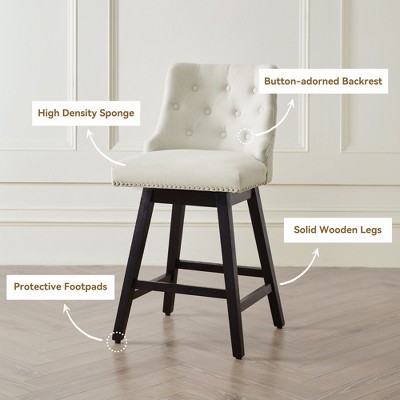 Gericco 26" Swivel Bar Stools, Upholstered Swivel Counter Stools with Back, Modern Kitchen Island Stools with Solid Wood Legs