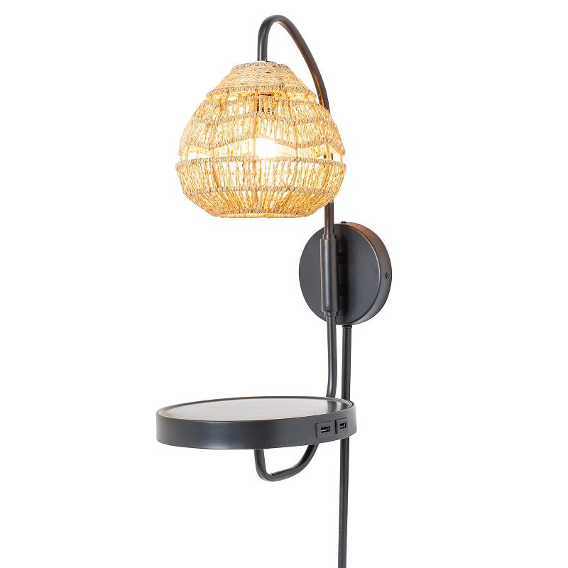 River of Goods 32.75&#34; Yara High Black Satin Painted Iron Candlestick Wall Sconce Round Tan Rattan Shade, 1 of 12
