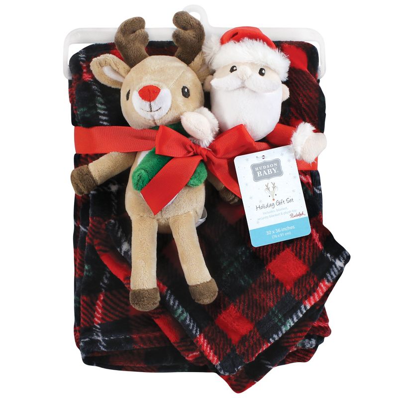 Hudson Baby Unisex Baby Plush Blanket with Toy, Rudolph And Santa Plaid, One Size, 2 of 6