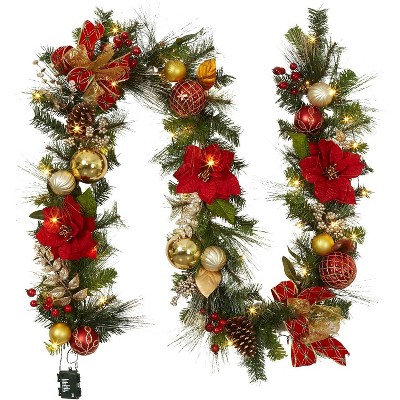 TackView 9 Ft Prelit Christmas Garland for Mantle, Xmas Garland with Lights, Ball Ornaments Pine Cones for Fireplace Front Door Stairs Railing