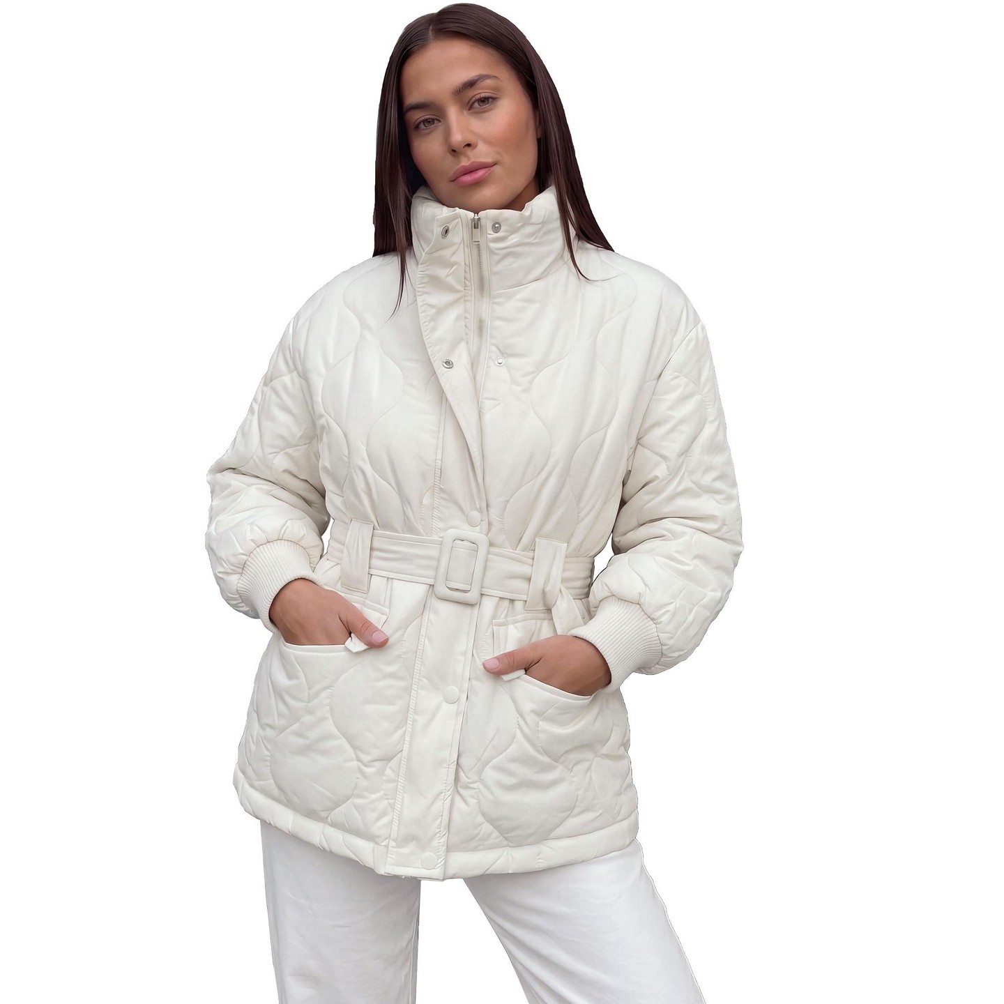 Женская куртка INSPIRE CHIC Stand Collar Balloon Sleeve Belted Zip Up Quilted Lightweight Winter Puffer Coats X Large Beige, цвет: Бежевый — фото 1