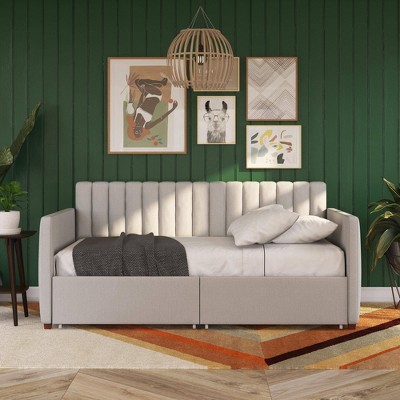 Twin Gray Linen Upholstered Daybed with Storage Drawers